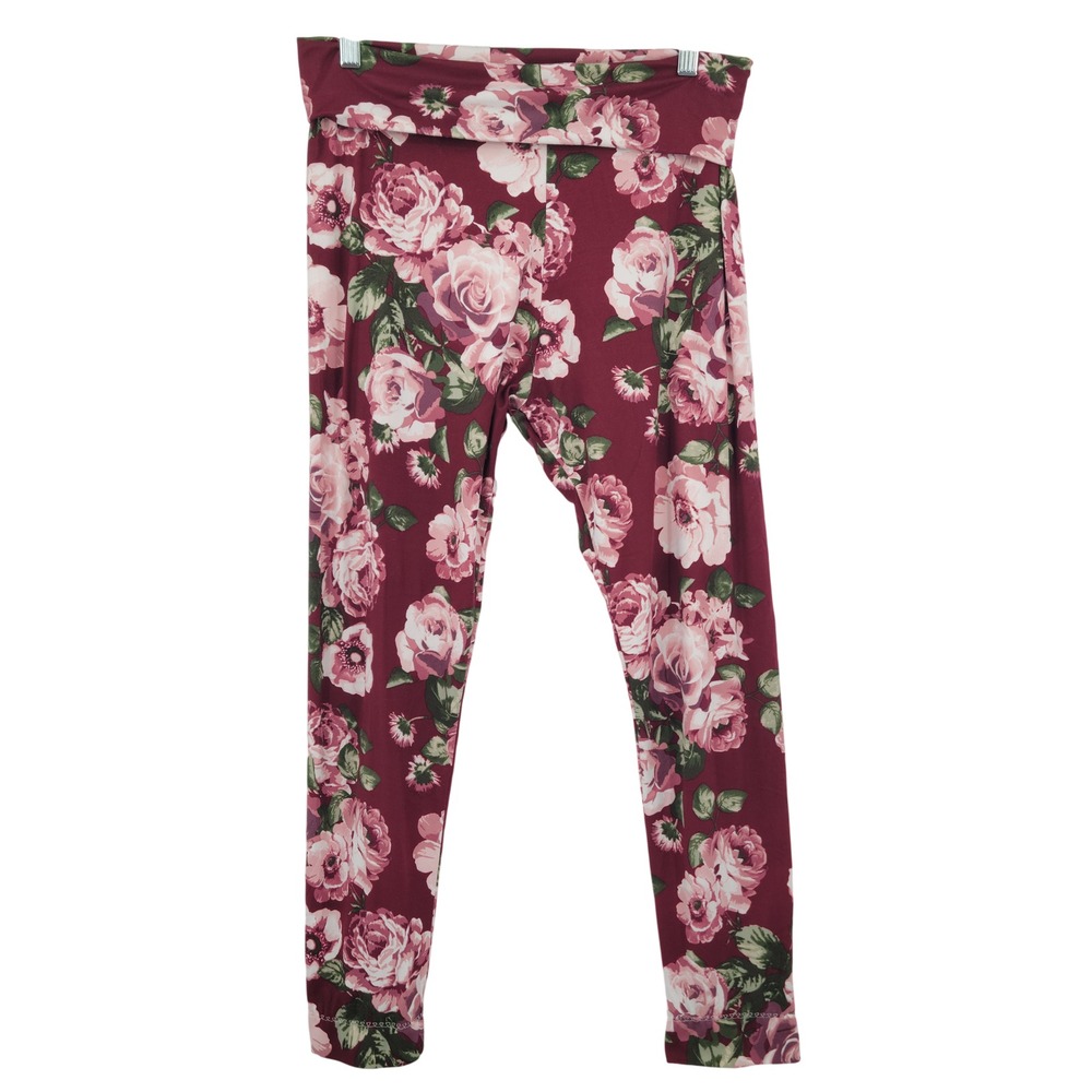 Farmhouse Frocks Amish Made Floral Leggings Women XL Burgundy Rose Cottegecore